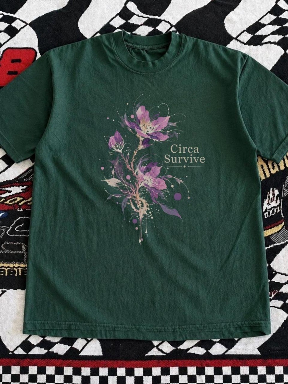 Gildan Dark Green Tee with Purple Floral 'Circa Survive' Graphic
